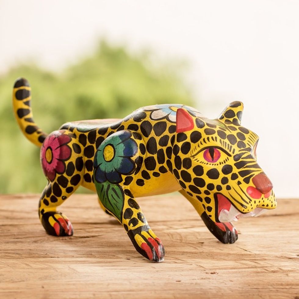 Hand-Painted Floral Wild Cat Wood Figurine from Guatemala 'Jarring Jaguar'