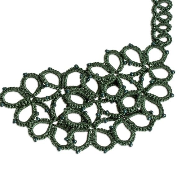 Alternate image for Hand-Tatted Green Statement Necklace with Glass Beads Green Breeze