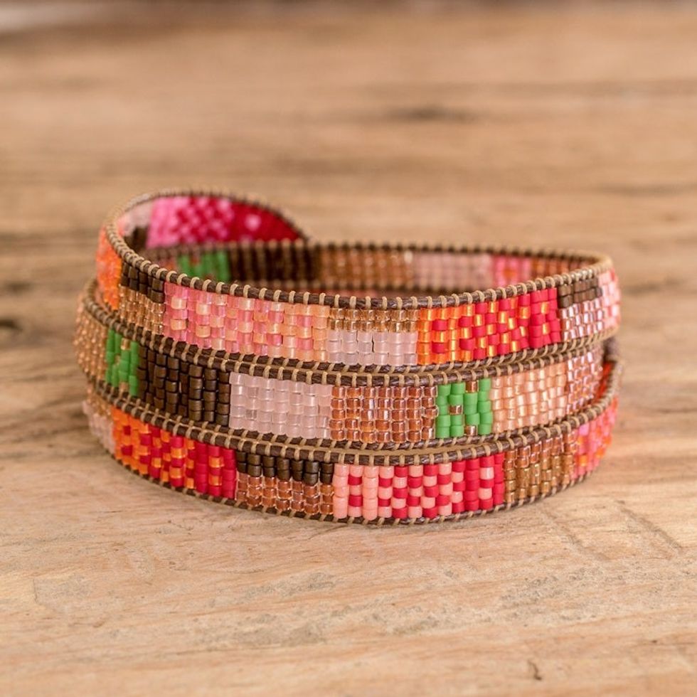 Handcrafted Glass Beaded Wrap Bracelet from Guatemala 'Geometric Innovation'