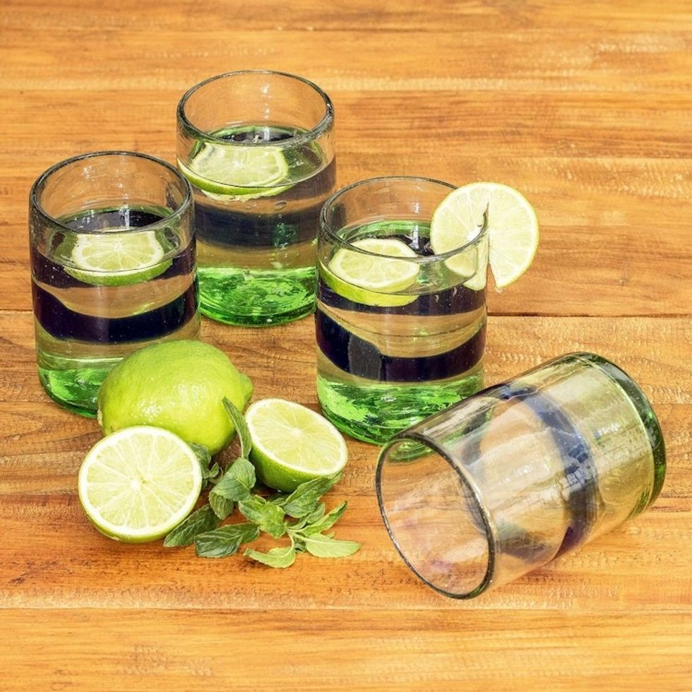 Artisan Crafted Juice Glasses with Blue Stripe 'Pacifico'