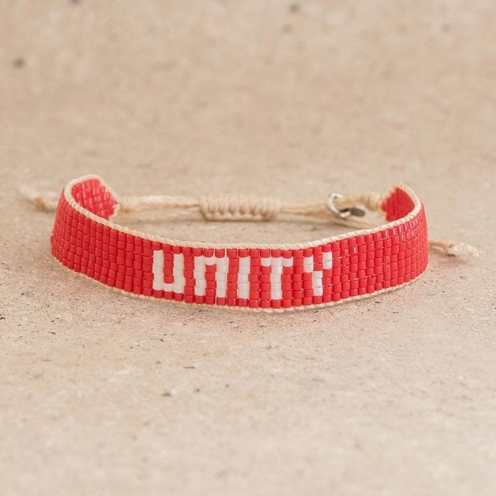 Red and White Glass Beaded Woven Bracelet with Sliding Knot 'Unity in Red'