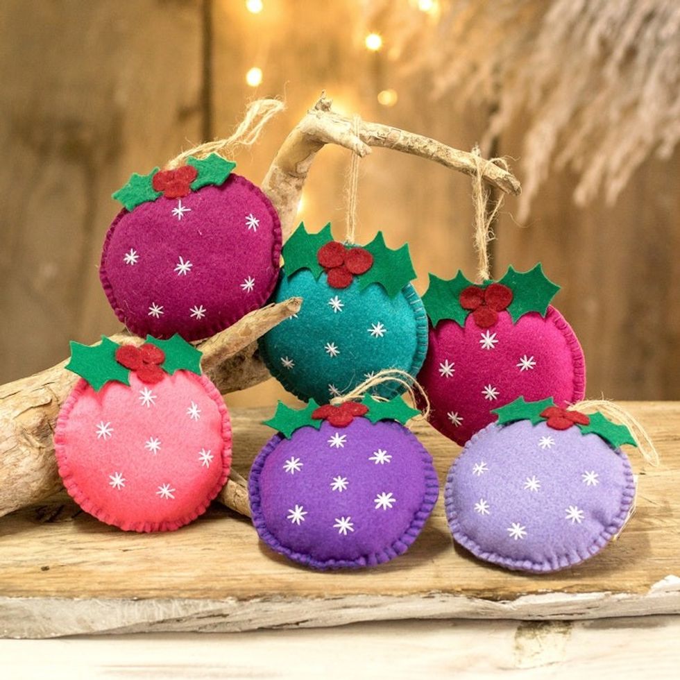 Set of 6 Handmade Felt Ornaments in Multicolor Palette 'Merry Sparks'