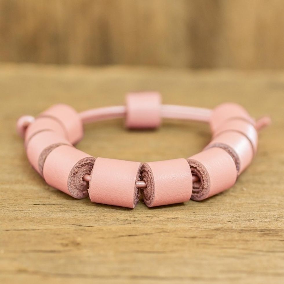 Handmade Eco Friendly Peach Leather Bracelet from Costa Rica 'Pale Peach Cylinders'