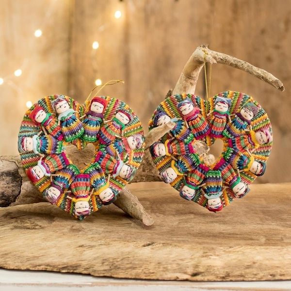 Alternate image for Handwoven Cotton Worry Doll Christmas Ornaments Set of 2 Friendship is Love