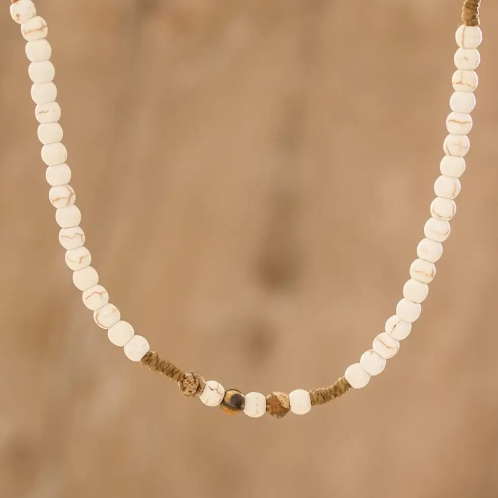 Off White Resin and Brown Jasper Beaded Adjustable Necklace 'Beachcomber'