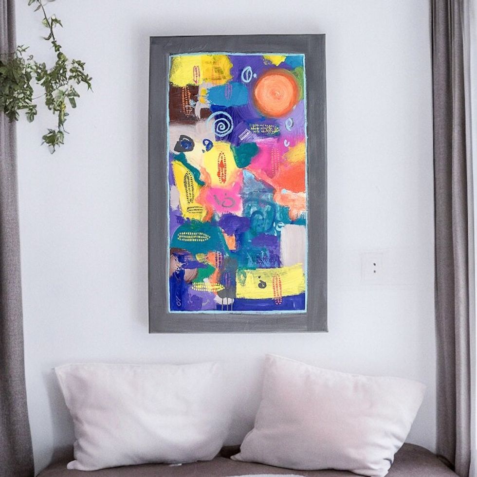 Signed Stretched Acrylic and Oil Abstract Painting in Blue 'Sowing Moon'