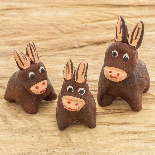 Alternate image for Set of 3 Hand-painted Donkey Shaped Ceramic Figurines Brown Donkey Family