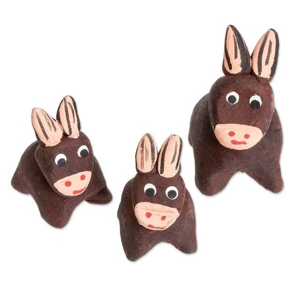 Alternate image for Set of 3 Hand-painted Donkey Shaped Ceramic Figurines Brown Donkey Family