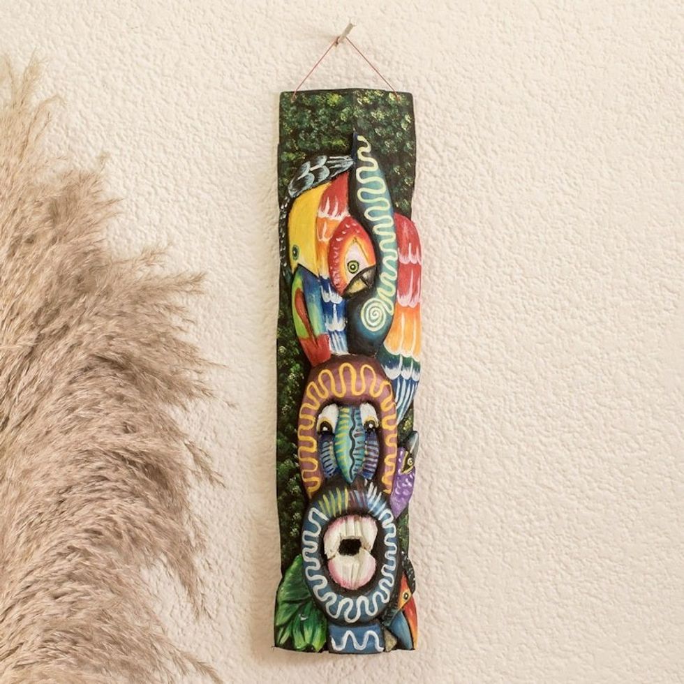 Balsa Wood Mask with Hand-Painted Animal and Floral Motifs 'Jungle Diversity'