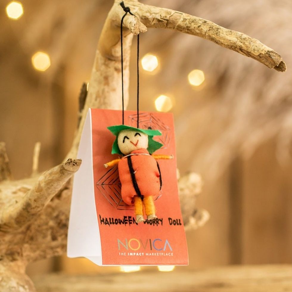 Handcrafted Cotton Worry Doll with Pumpkin Costume 'Spooky Fortune'