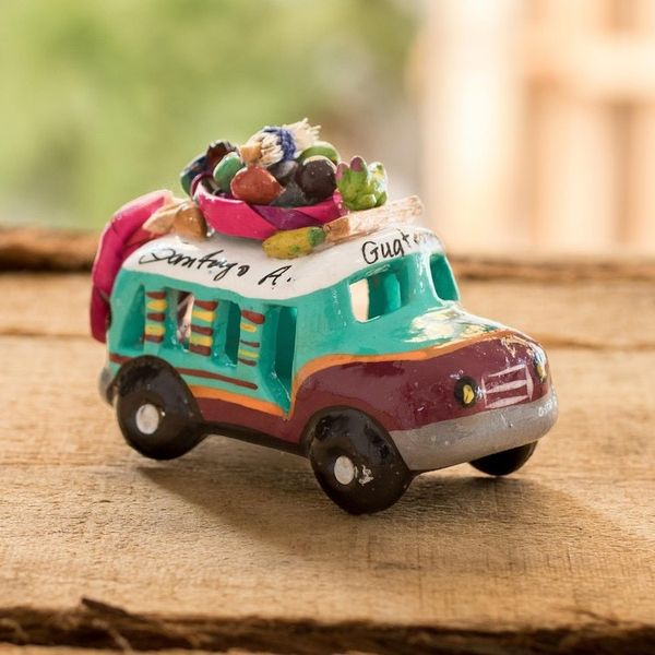 Alternate image for Green and Brown Ceramic Mini Bus Decoration from Guatemala Brown and Turquoise Old Tim...