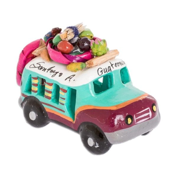 Alternate image for Green and Brown Ceramic Mini Bus Decoration from Guatemala Brown and Turquoise Old Tim...