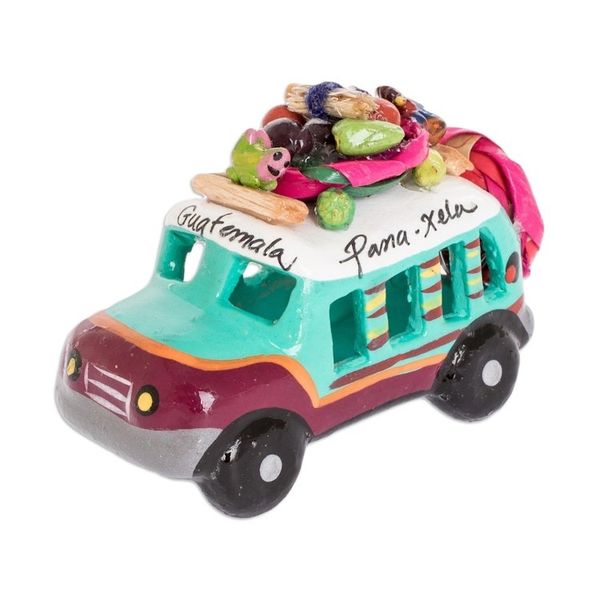 Alternate image for Green and Brown Ceramic Mini Bus Decoration from Guatemala Brown and Turquoise Old Tim...