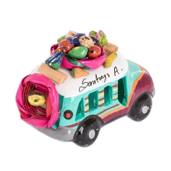 Alternate image for Green and Brown Ceramic Mini Bus Decoration from Guatemala Brown and Turquoise Old Tim...
