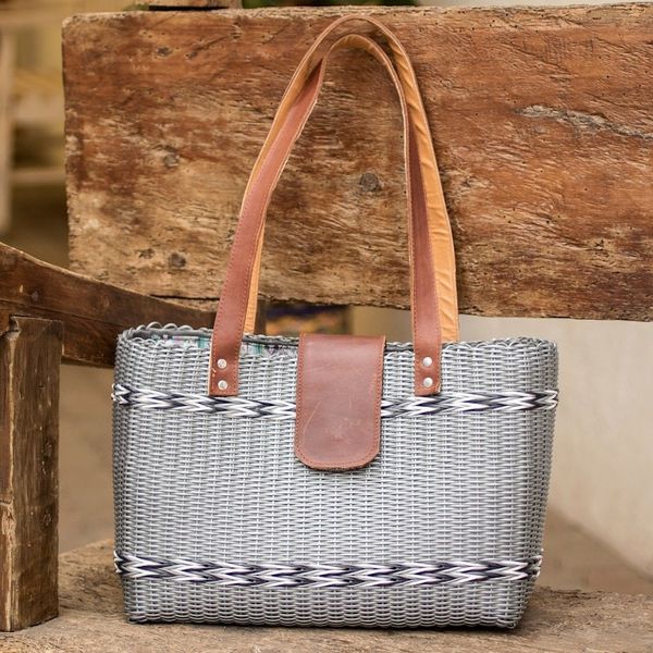 Alternate image for Handwoven Recycled Vinyl Cord Grey Shoulder Bag Grey Winter
