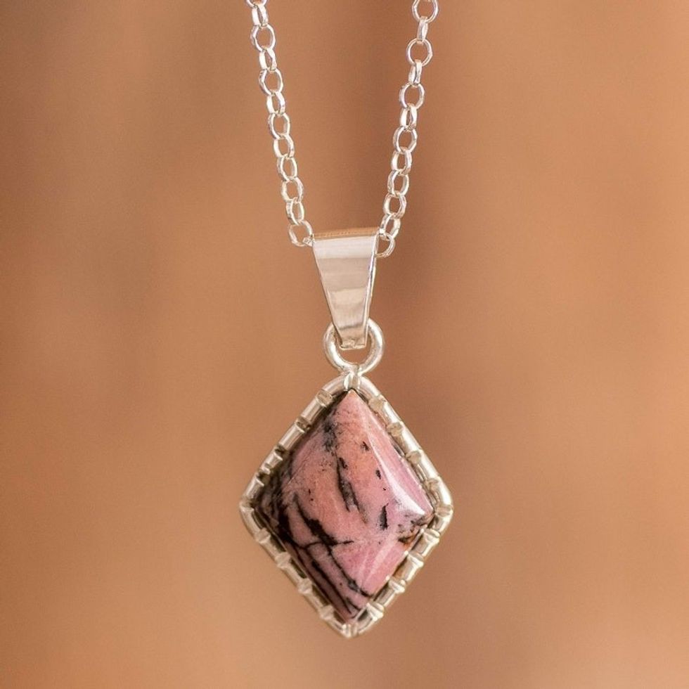 Guatemalan Sterling Silver Necklace with Rhodonite Pendant 'Rhombus'