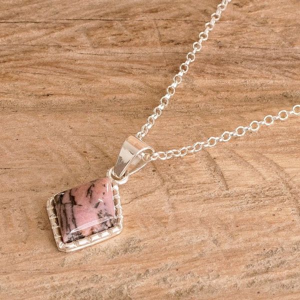 Alternate image for Guatemalan Sterling Silver Necklace with Rhodonite Pendant Rhombus