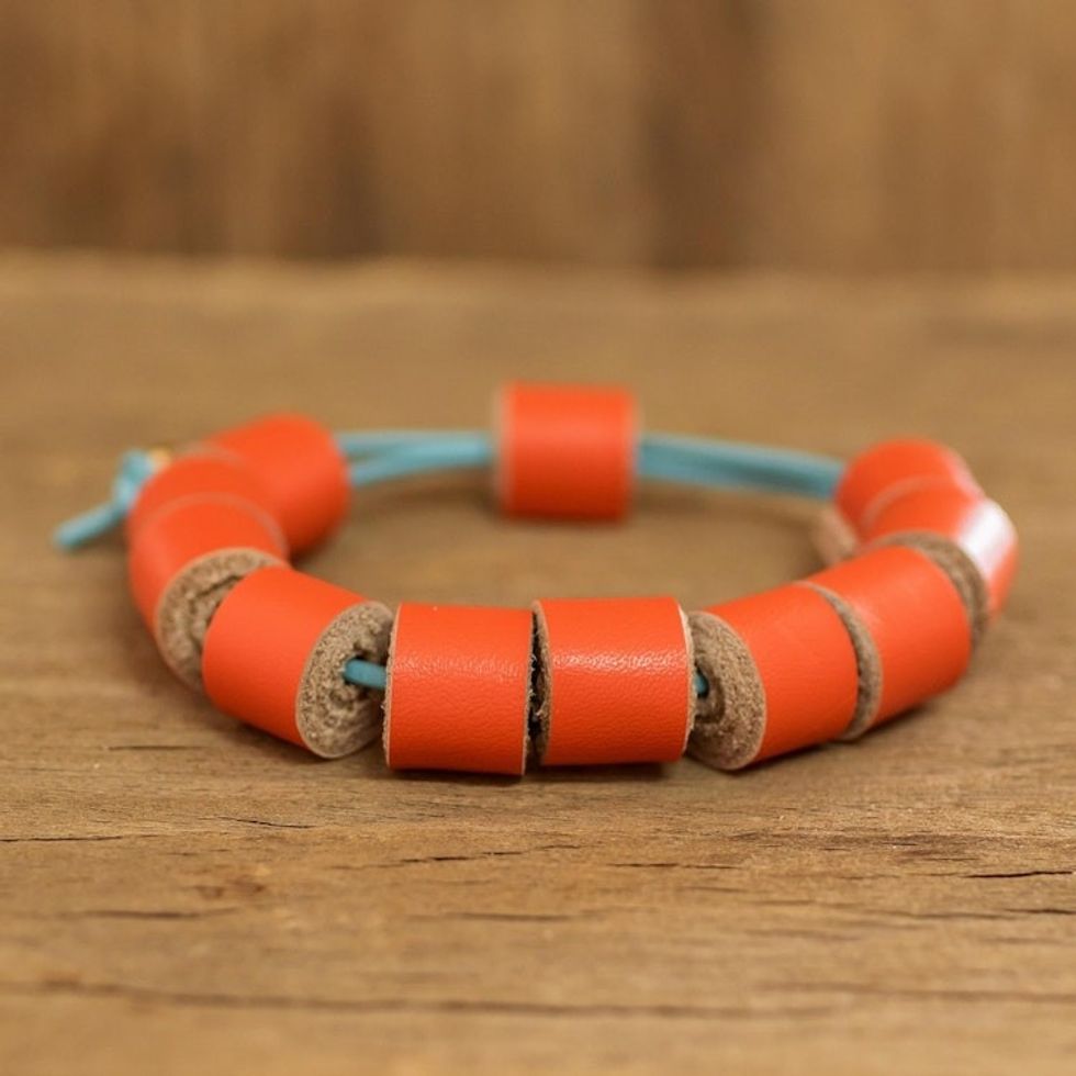 Costa Rica Handmade Eco Friendly Flame Red Leather Bracelet 'Flame Red Cylinders'