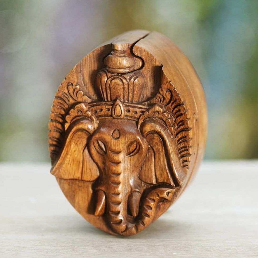 Hand Carved Balinese Wood Puzzle Box 'Auspicious Ganesha'