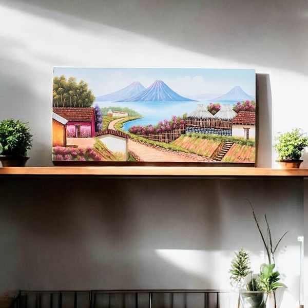 Alternate image for Signed Landscape Painting of a Lakeside Village Guatemalan Roots