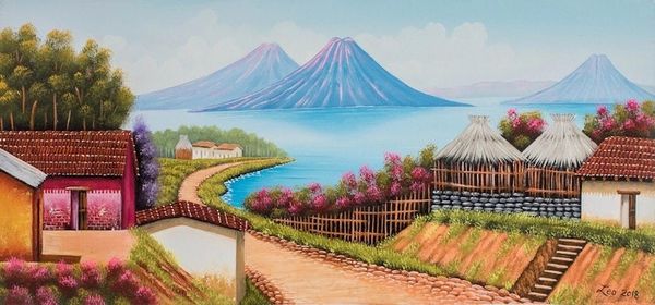 Alternate image for Signed Landscape Painting of a Lakeside Village Guatemalan Roots