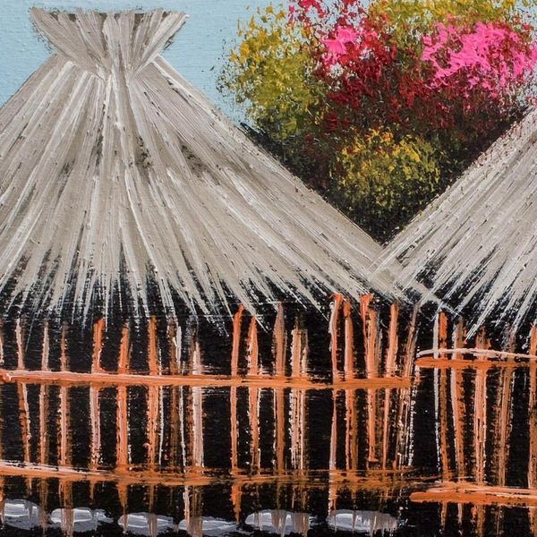 Alternate image for Signed Landscape Painting of a Lakeside Village Guatemalan Roots