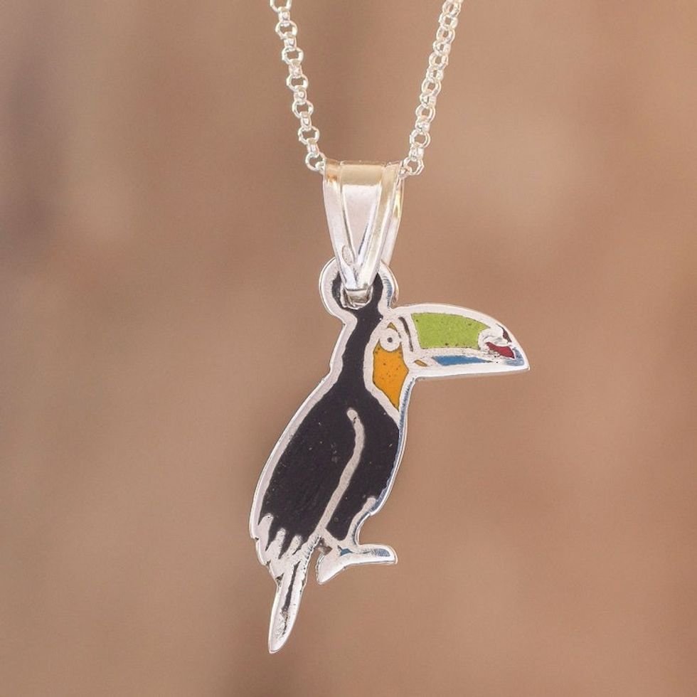 Enameled Sterling Silver Costa Rican Toucan Pendant Necklace 'Colorful Toucan'