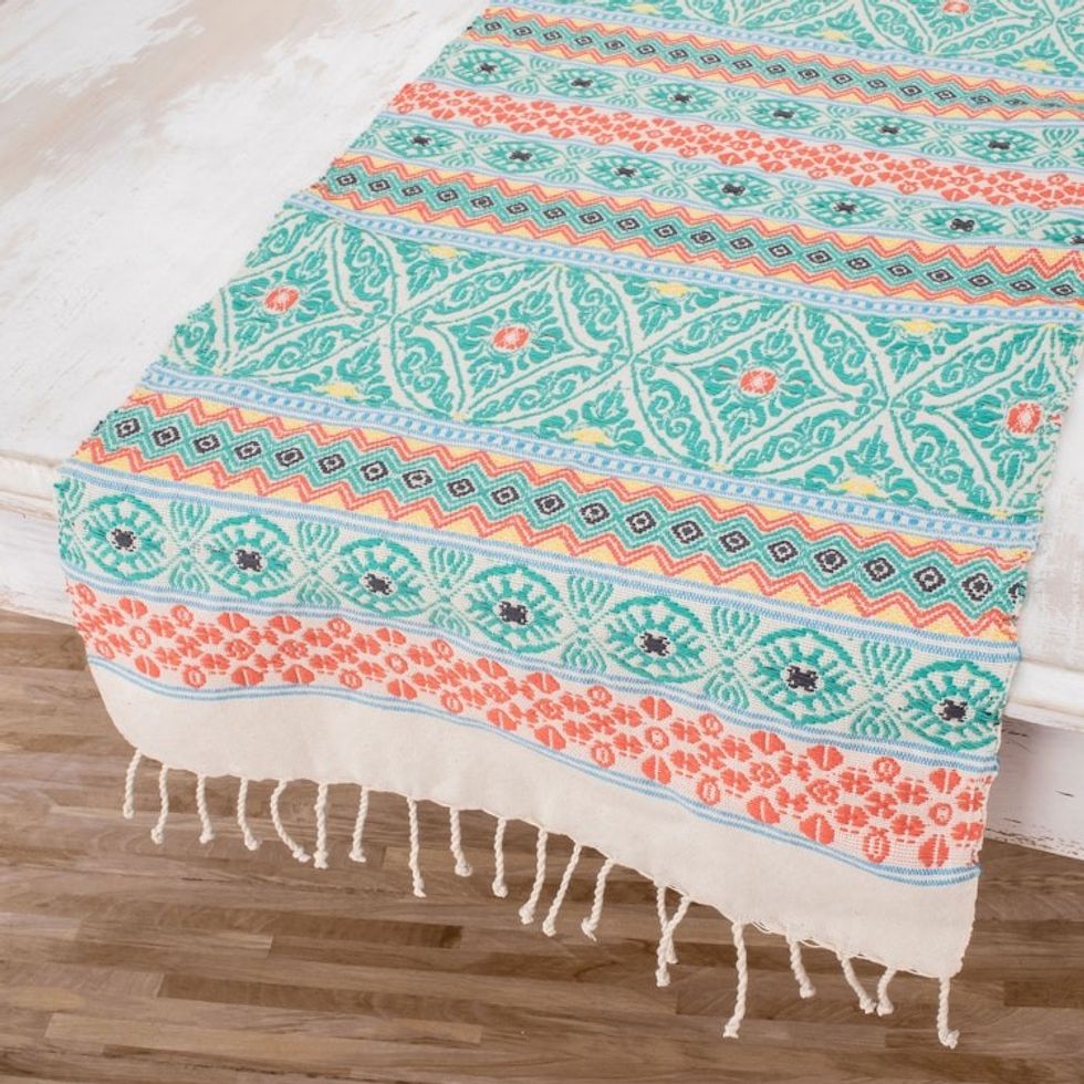 Handwoven Cotton Table Runner in Turquoise from Guatemala 'Guatemala is Family'