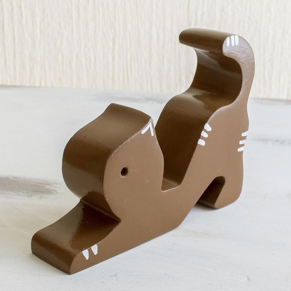 Handmade Cedar Wood Cat Phone Holder 'Stretching Cat in Brown'