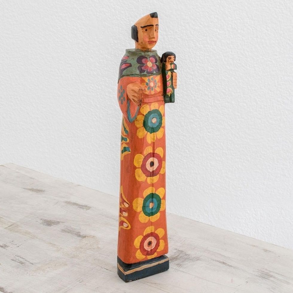Hand-Painted Wood Anthony of Padua Statuette from Guatemala 'Saint Anthony of Padua'