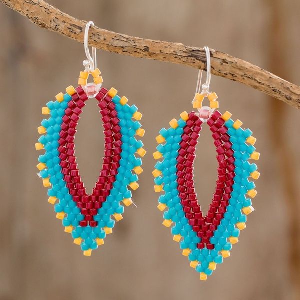 Alternate image for Colorful Leaf-Shaped Glass Beaded Dangle Earrings Leafy Vibrance