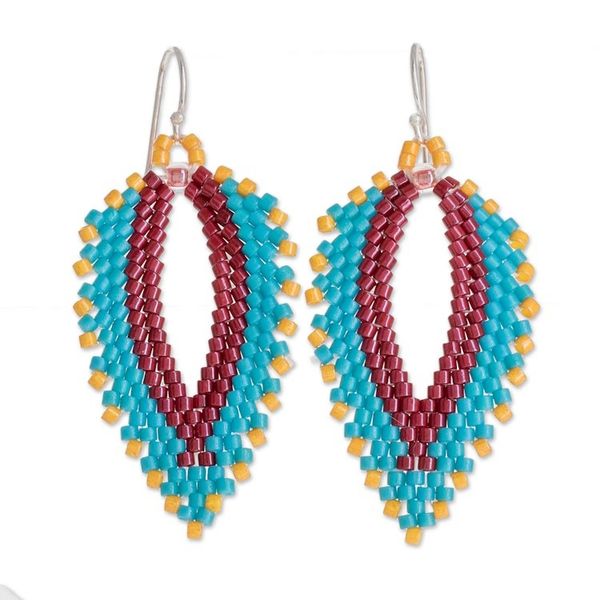 Alternate image for Colorful Leaf-Shaped Glass Beaded Dangle Earrings Leafy Vibrance