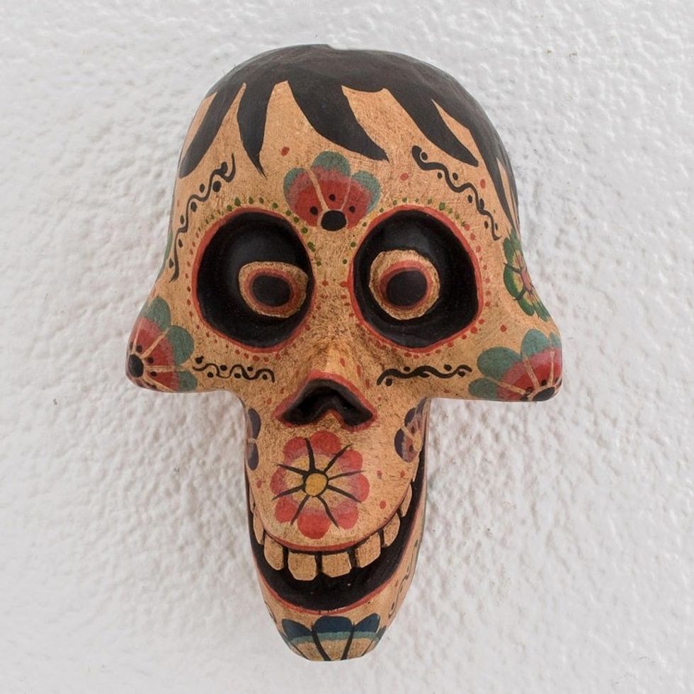 Rustic Pinewood Smiling Skull Mask Crafted in Guatemala 'Happiness from Beyond'