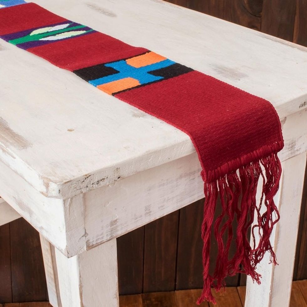 Artisan Woven Cotton Table Runner 'Solola Totem in Crimson'