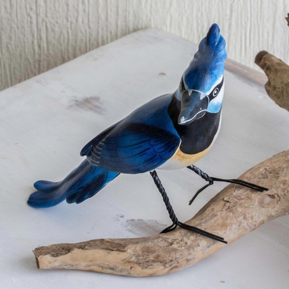 Signed Hand Painted Bird Sculpture 'Black-throated Magpie-jay'
