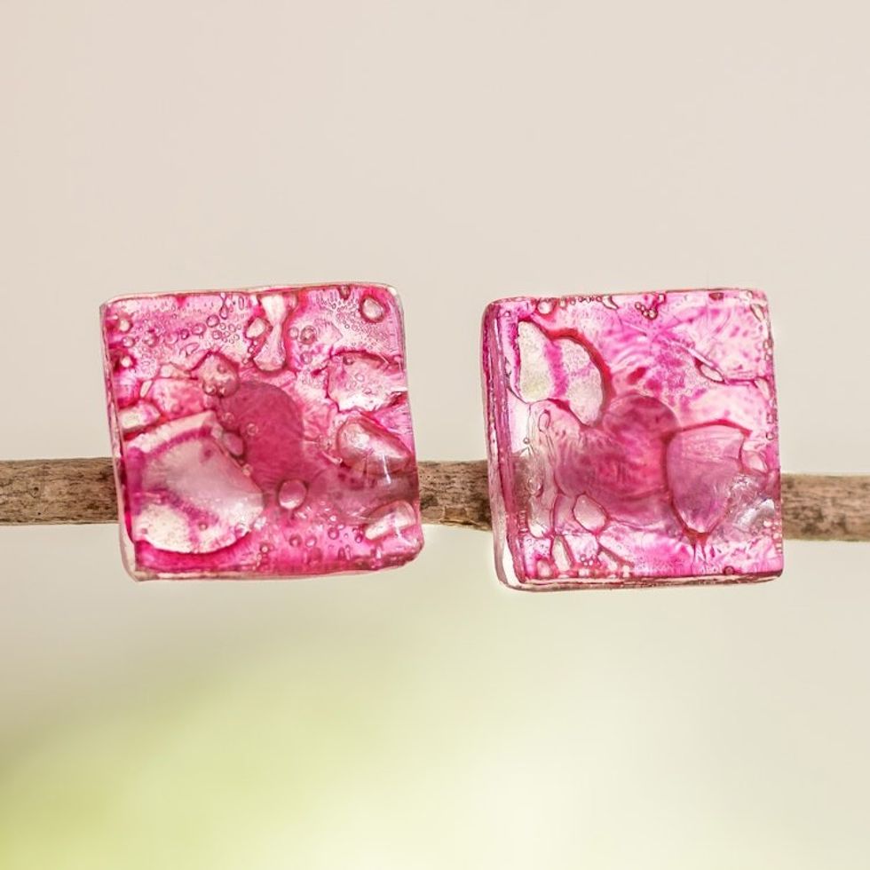 Recycled CD Stud Earrings in Pink from Guatemala 'Bubble Explosion in Pink'
