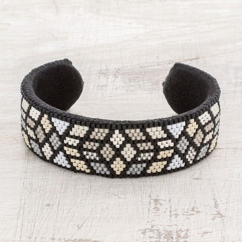 Geometric Glass Beaded Cuff Bracelet from El Salvador 'Striking Geometry'