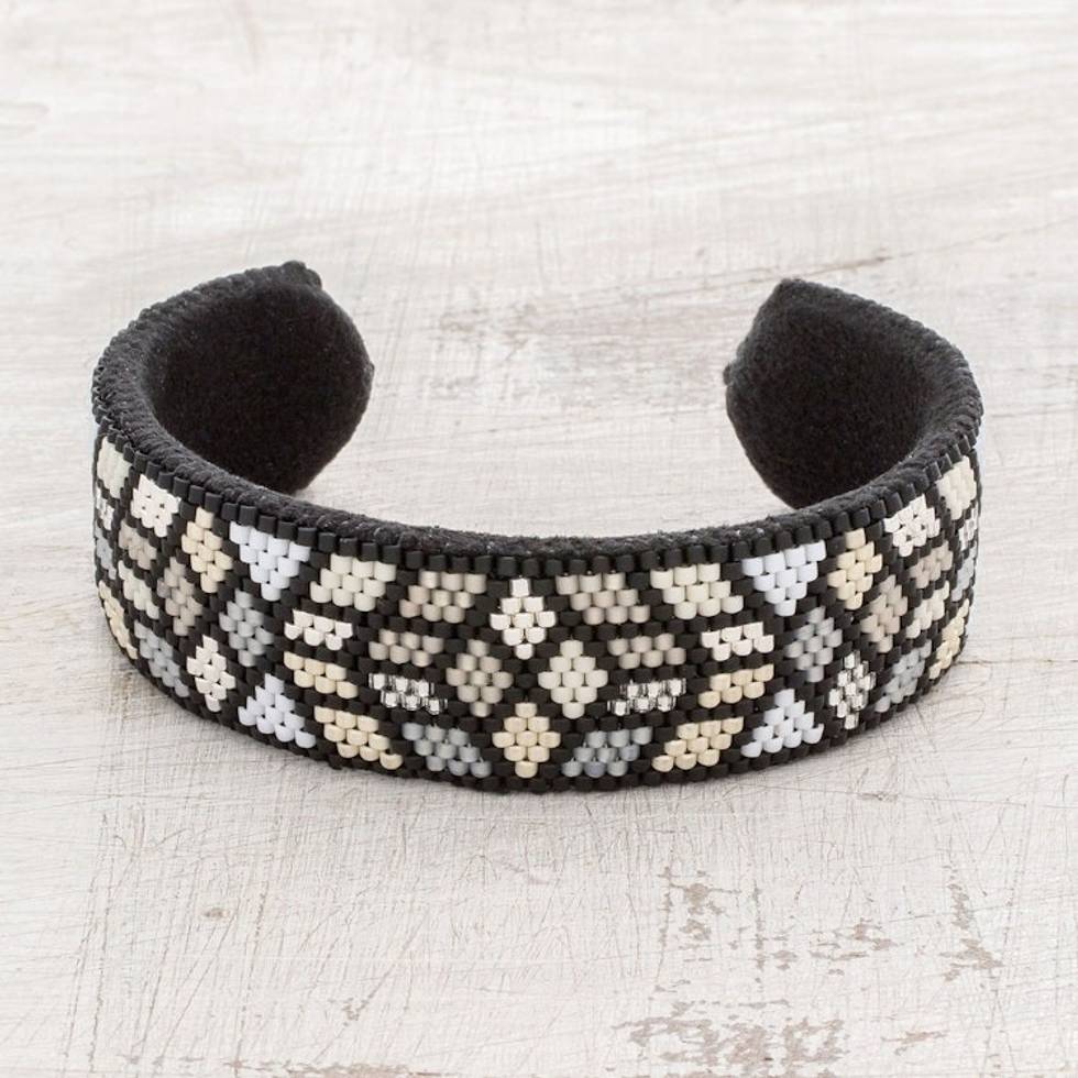 Geometric Glass Beaded Cuff Bracelet from El Salvador 'Striking Geometry'