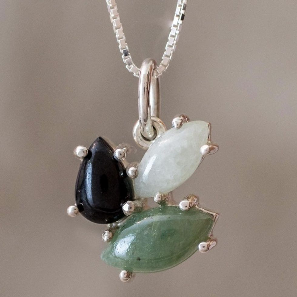 Modern 925 Silver Pendant Necklace with Jade in 3 Colors 'Natural Trio'