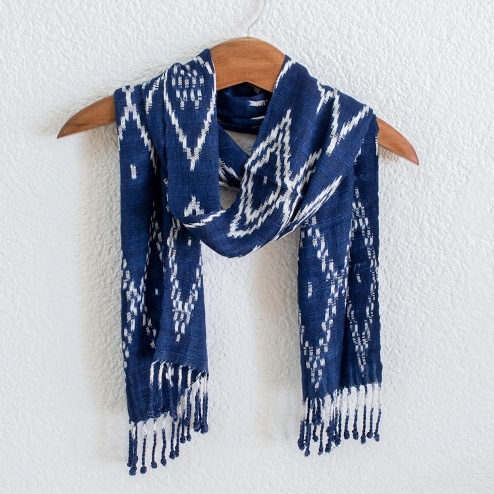 Artisan Crafted Blue and White Ikat Scarf 'Silhouette in Navy'