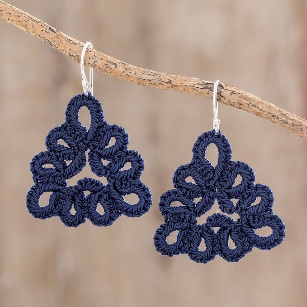Hand-Tatted Dangle Earrings in Indigo from Guatemala 'Petal Essence in Indigo'