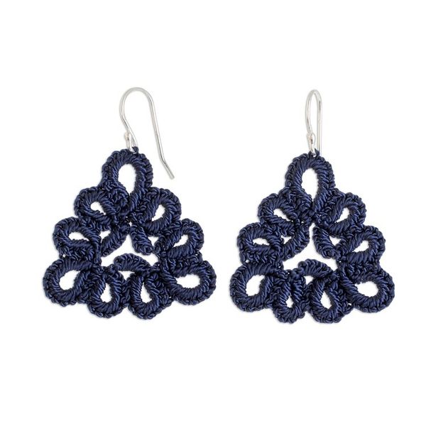 Alternate image for Hand-Tatted Dangle Earrings in Indigo from Guatemala Petal Essence in Indigo