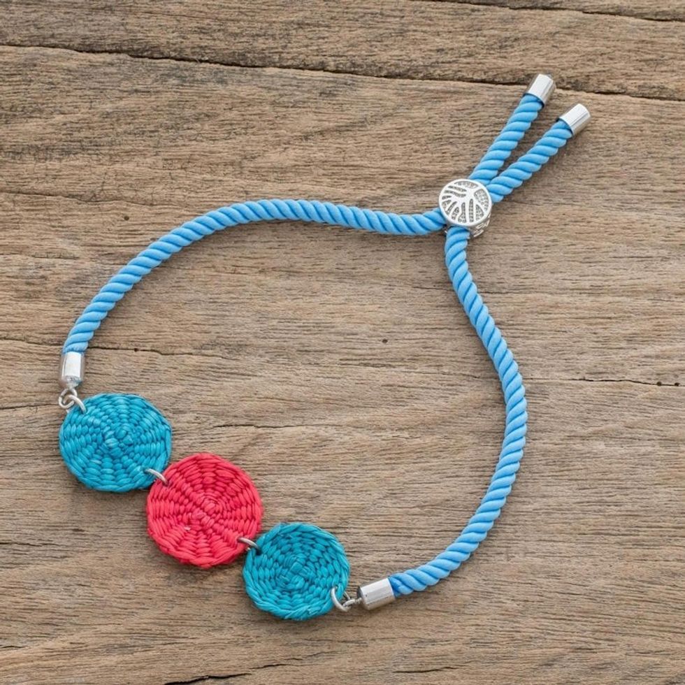 Blue and Red Natural Fiber Pendant Bracelet from Honduras 'Complementary Colors'
