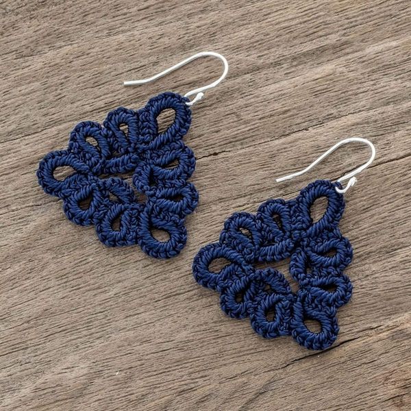 Alternate image for Hand-Tatted Dangle Earrings in Indigo from Guatemala Petal Essence in Indigo