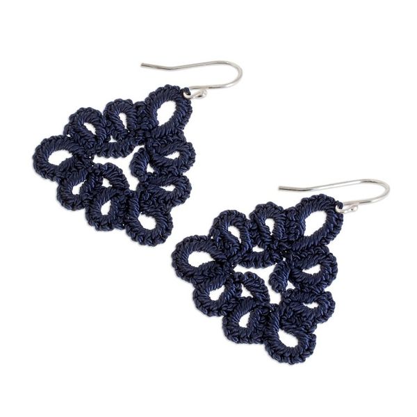 Alternate image for Hand-Tatted Dangle Earrings in Indigo from Guatemala Petal Essence in Indigo