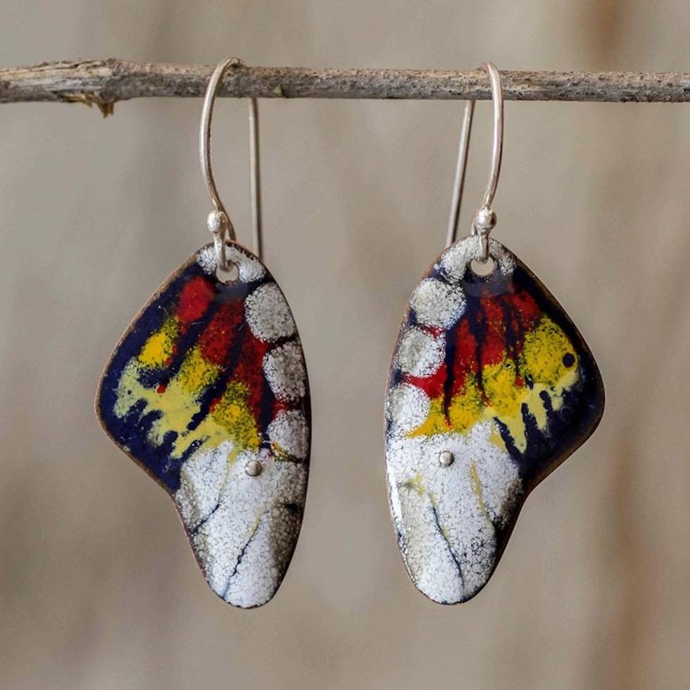 Enameled Sterling Silver Costa Rican Macaw Earrings 'Butterfly Fantasy'