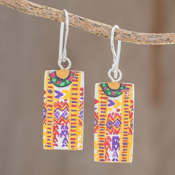 Alternate image for Huipil-Inspired Wood Dangle Earrings from Guatemala Xela Marvels