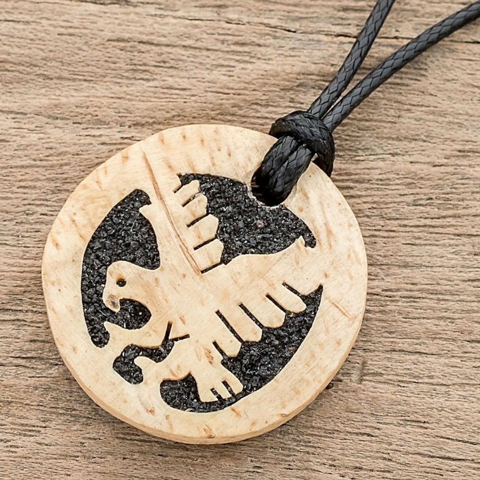 Coconut Shell and Lava Stone Eagle Pendant Necklace 'Wisdom and Valiance'