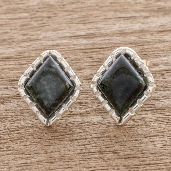 Alternate image for Sterling Silver Stud Earrings with Very Dark Green Jade Diam Dark Green Diamond