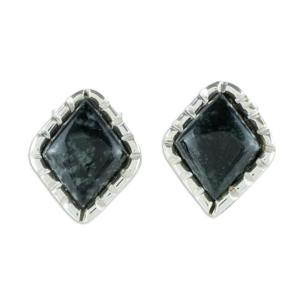 Alternate image for Sterling Silver Stud Earrings with Very Dark Green Jade Diam Dark Green Diamond